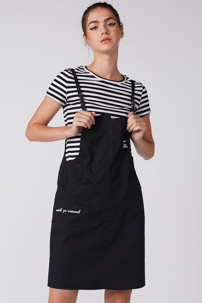 Striped T-shirt with black pinafore dress and front pocket, adjustable straps
