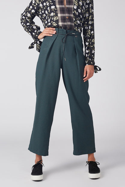 Teal wide-leg cropped pants with drawstring waist and side pockets