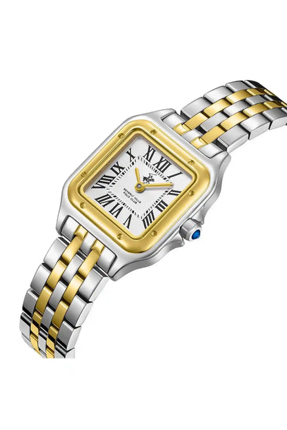 BHPC two-tone wristwatch, gold dial with Roman numerals, metal link bracelet