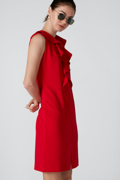 Red sleeveless midi dress with draped ruffle collar detail