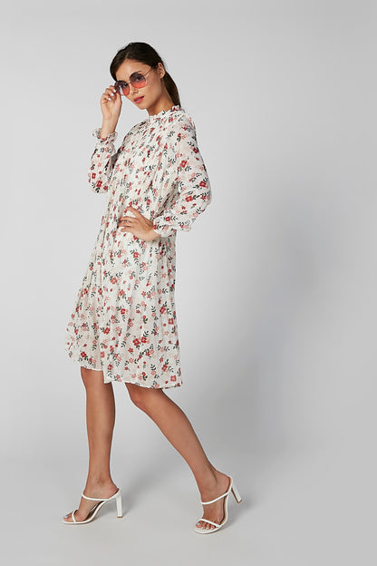 Floral midi dress, long sleeves, gathered round neck, white with red and green flowers