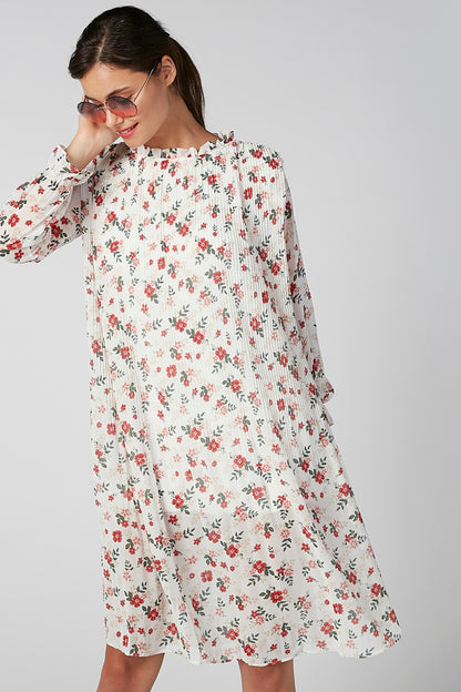 Floral midi dress, long sleeves, full skirt, white with red and green floral print