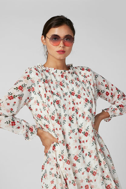 Floral midi dress with smocked yoke, long sleeves, white with red and green floral print