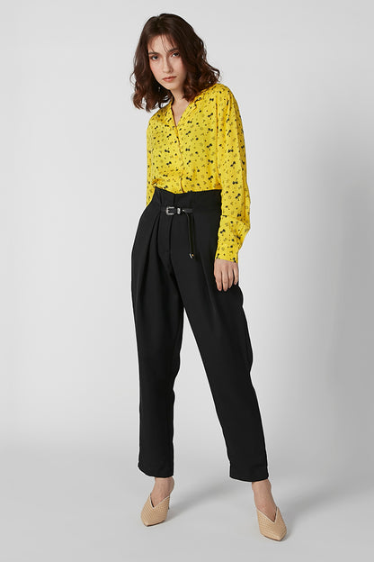 Black high-waist drawstring trousers with belt and zip fly