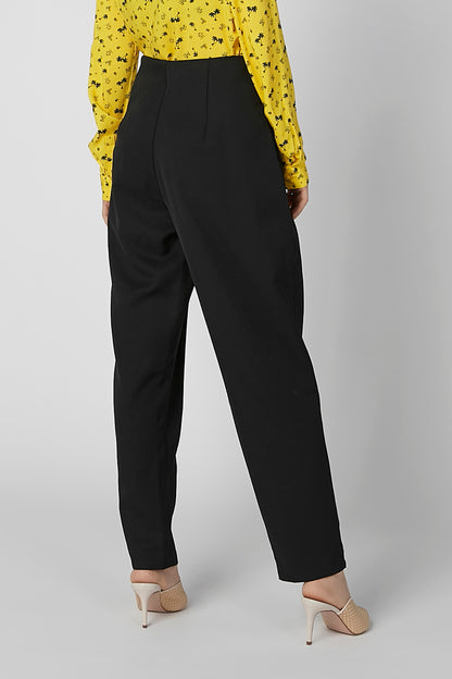 Black tapered drawstring trousers, high-rise with ankle-length