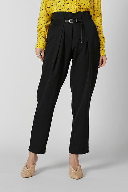 Black cropped drawstring trousers with buckle belt and side pockets