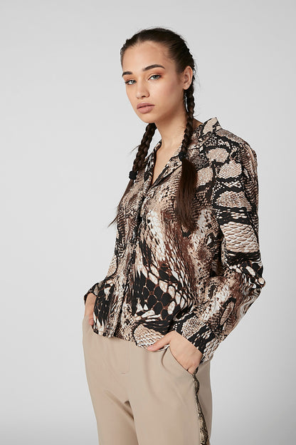 Multicolor snake-print blouse with collared neckline and long sleeves