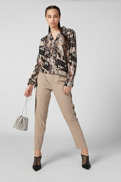 Multicolor snake-print collared blouse with long sleeves (full-body view)