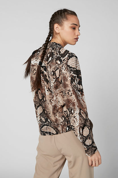 Multicolor snake-print blouse with collared front and long sleeves (side view)