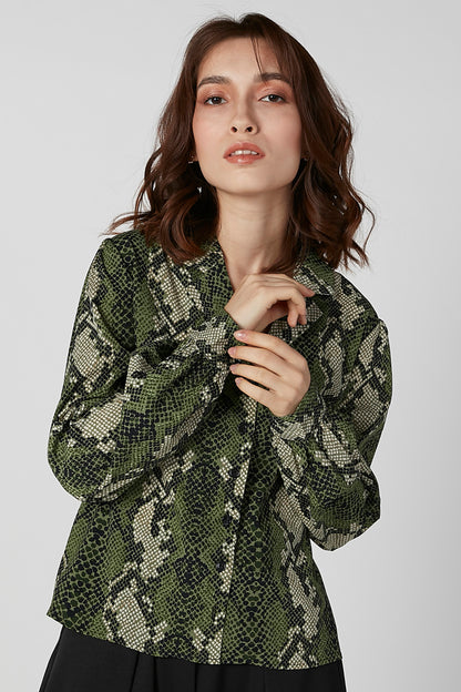 Green snake-print blouse with V-neck and long sleeves, button front