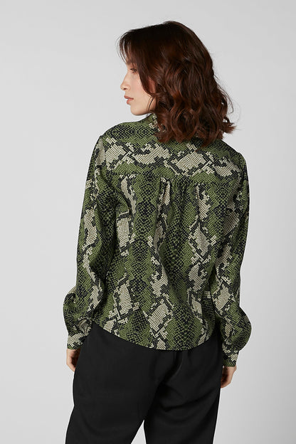 Green snake-print blouse with long sleeves, back view