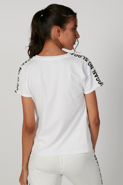 White Splash T-shirt back view with printed logo tape around sleeves
