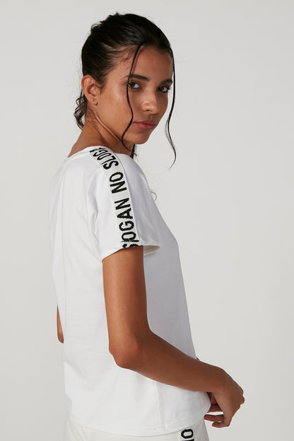 White Splash T-shirt, side view, printed logo tape on shoulder sleeve