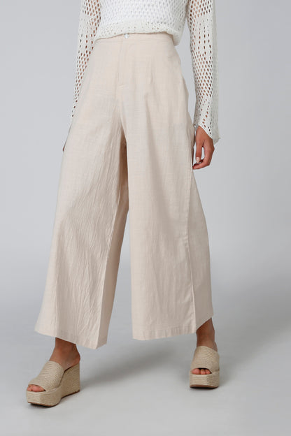 Beige wide-leg pants with pleated front and ankle-length hems, side view