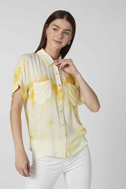 Yellow tie-dye short-sleeve button-up blouse with chest patch pockets