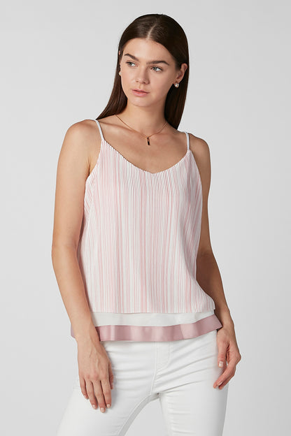 Pink striped sleeveless camisole top with V-neck and layered pink hem