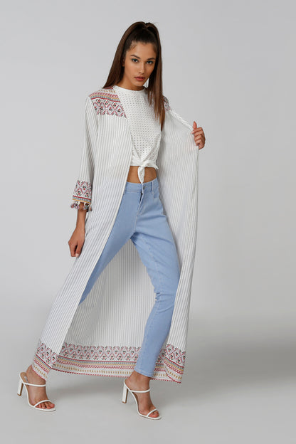 Embroidered long striped caftan with multicolor trim, flared sleeves, open front