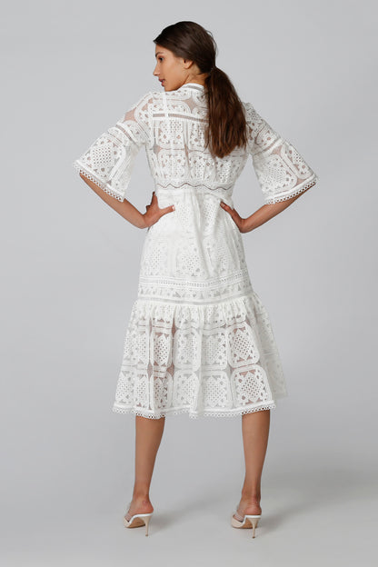 White lace tiered midi dress with back yoke detail and 3/4 bell sleeves