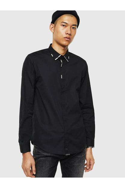 Diesel black button-up shirt with pointed collar and studded placket, long sleeves