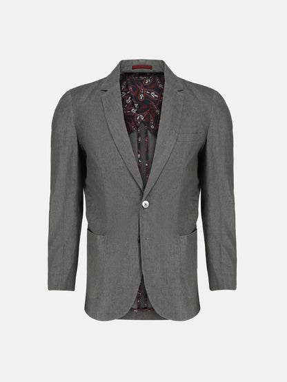 Men's gray blazer with notch lapel and paisley patterned inner lining