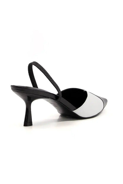 Two-tone slingback heels with thin strap, black heel and white front panel