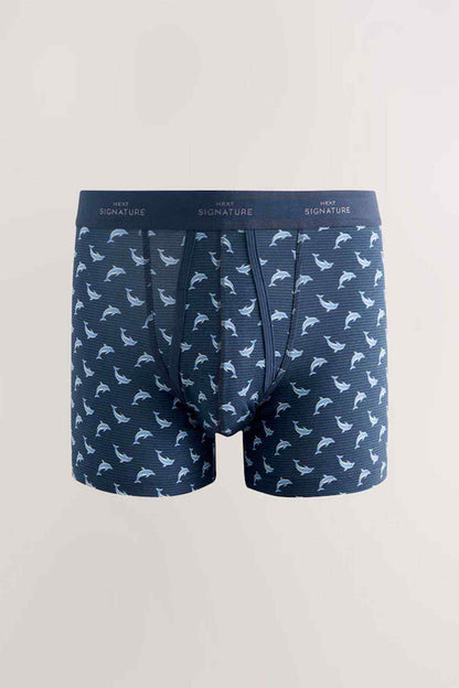 Navy boxer shorts with repeating animal print and elastic waistband