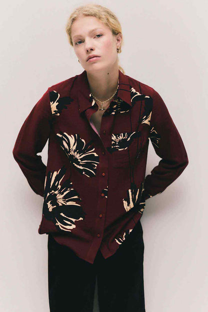 Wine button-up shirt with long sleeves and bold floral print
