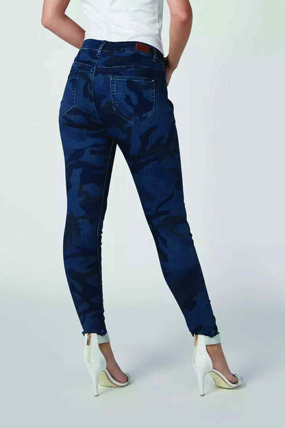 Blue camouflage denim jeans with tapered legs, cuffed hem, and back pockets