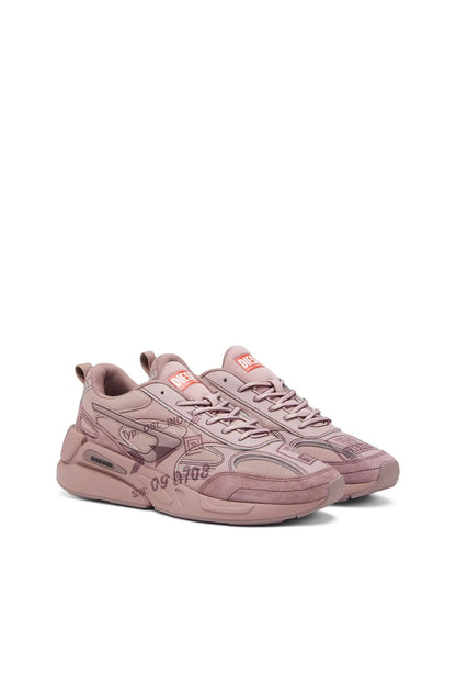 Diesel fuchsia lace-up sneakers, front-left angle with logo on tongue
