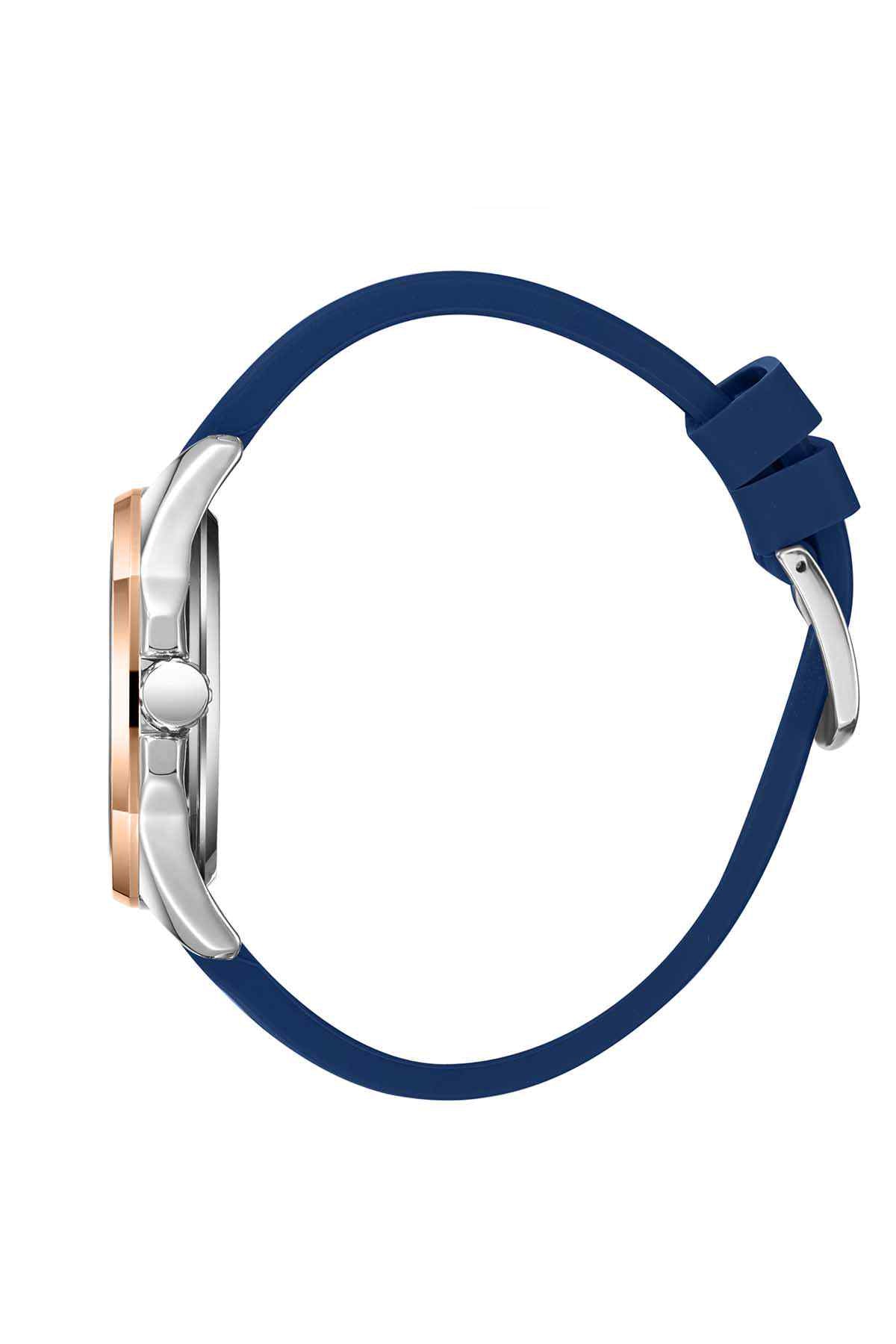 Lee Cooper men's wristwatch side profile, rose-gold bezel edge and dark blue silicone strap