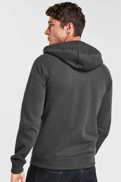 Charcoal grey zip-up hoodie back view with hood and long sleeves.
