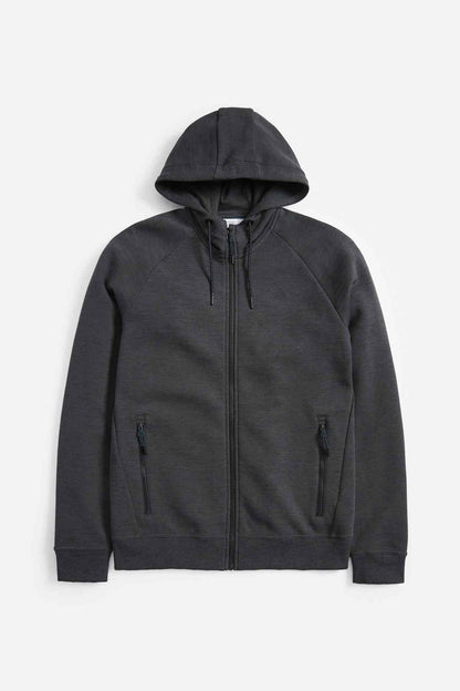 Charcoal grey zip-up hoodie with hood, drawstring, and two front pockets.