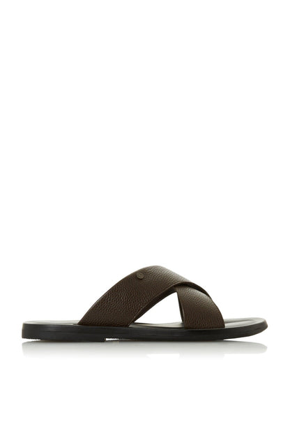 Brown slide sandals with wide cross strap and open toe, dark sole