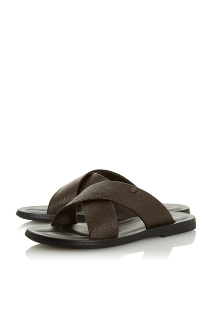 Brown slide sandals with wide two-strap design, open toe and black outsole