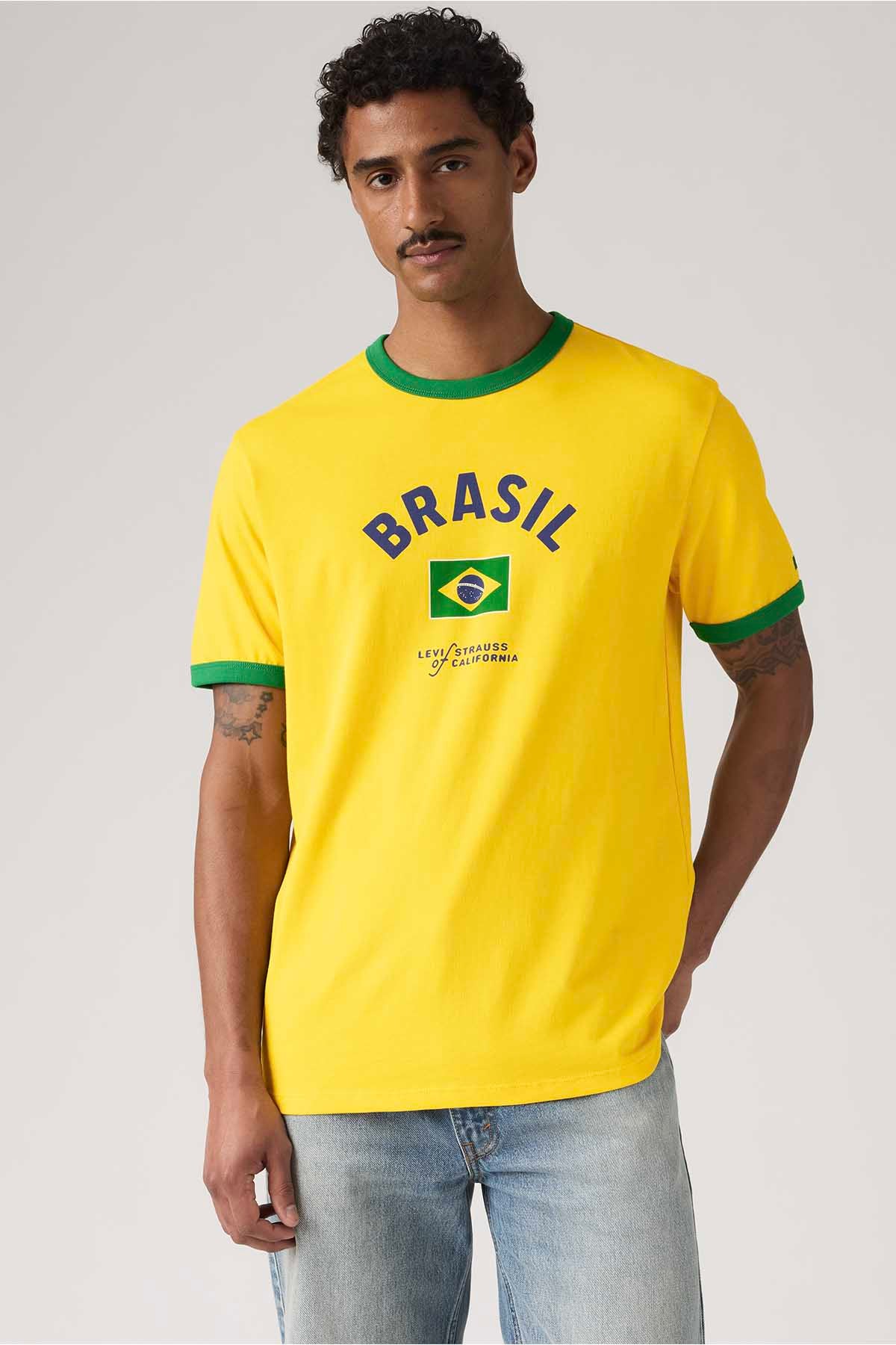 Yellow T-shirt with green collar and Brazil front graphic