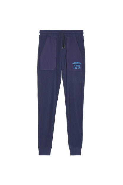Men's navy joggers with elastic waistband and drawstring, front pockets