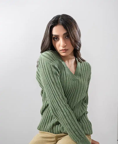 Green rib-knit V-neck sweater, long sleeves with textured vertical rib pattern