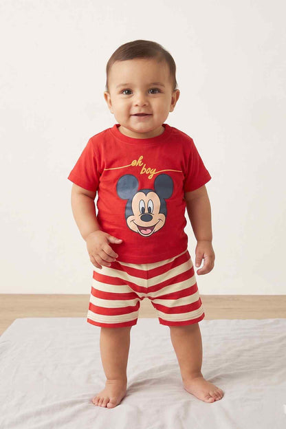 Red Mickey T-shirt and red-and-white striped shorts, front