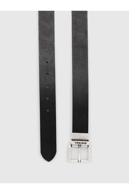 Black leather belt with punched holes and silver keeper with DIESEL tag