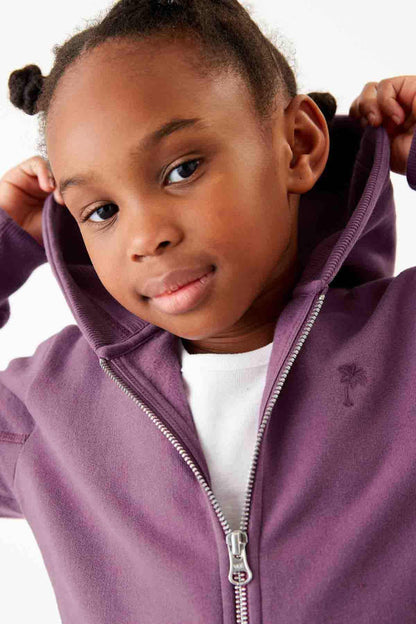 Purple zip-up hoodie hood, silver zipper and small chest emblem