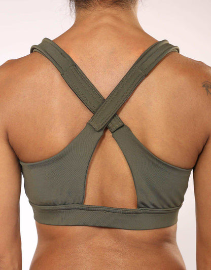 Olive green sports bra cross-back straps with cutout detail