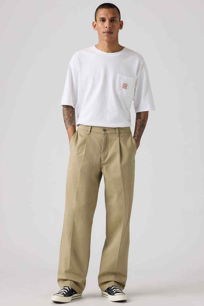 Levi's tan pleated chinos, straight-leg pants with belt loops and button closure