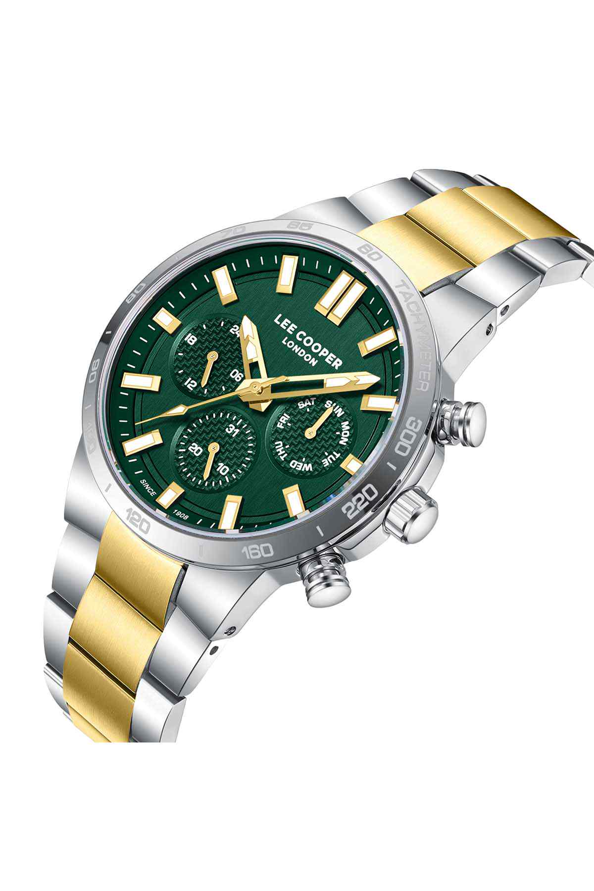 Two-tone metal watch, green chronograph dial with gold hands and subdials