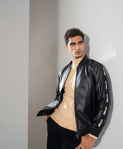 Black fitted bomber jacket with zip front and ribbed cuffs, side sleeve logo detail