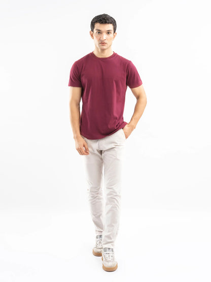 Men's maroon cotton T-shirt with crew neck, short sleeves, full-body view