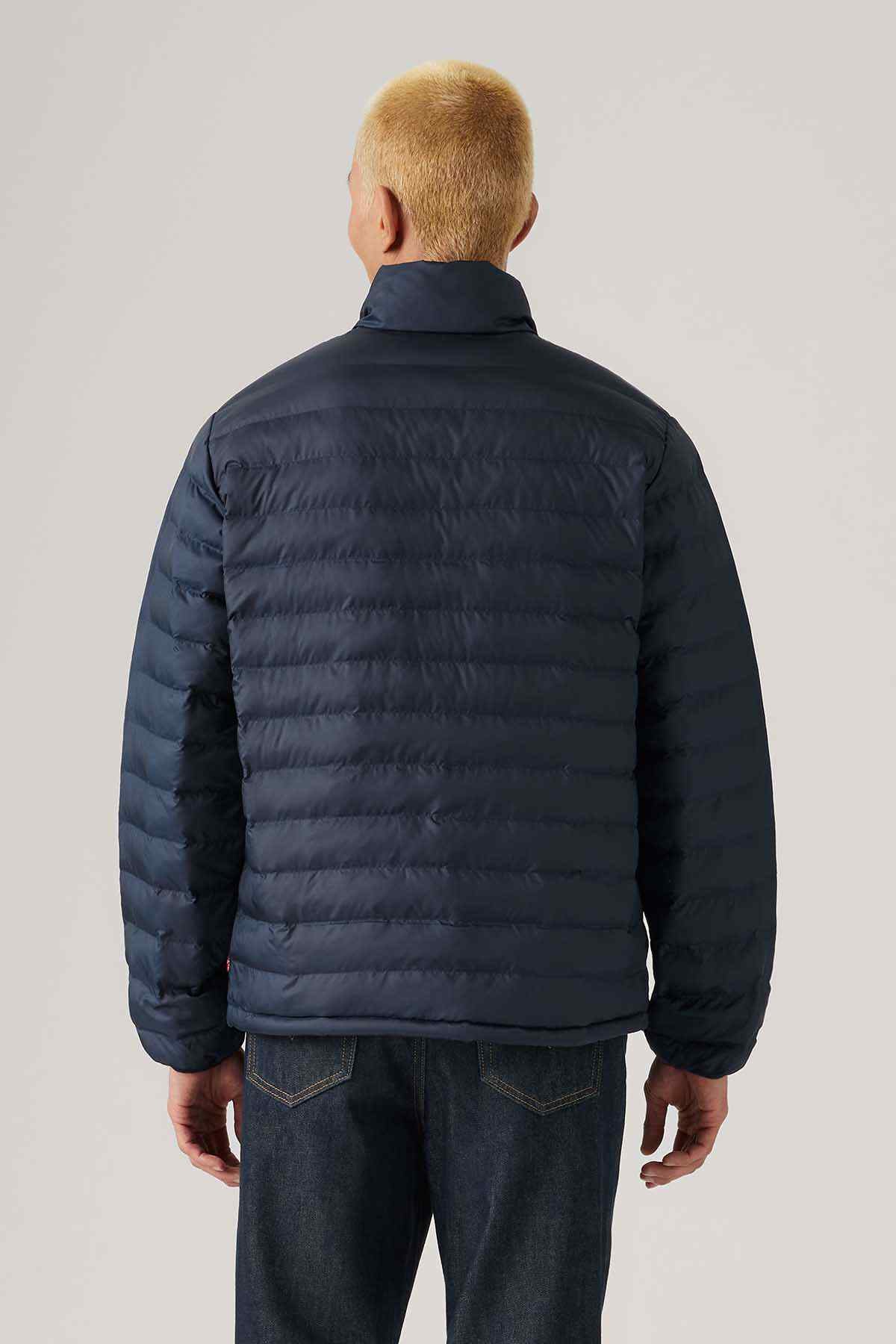 Levi's men's blue padded puffer jacket, back view with stand collar
