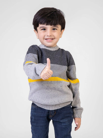 Grey cotton knit sweater with yellow stripe and color-block pattern, long sleeves