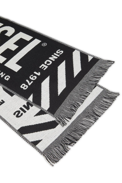 Diesel black logo scarf with white graphic and long fringed ends