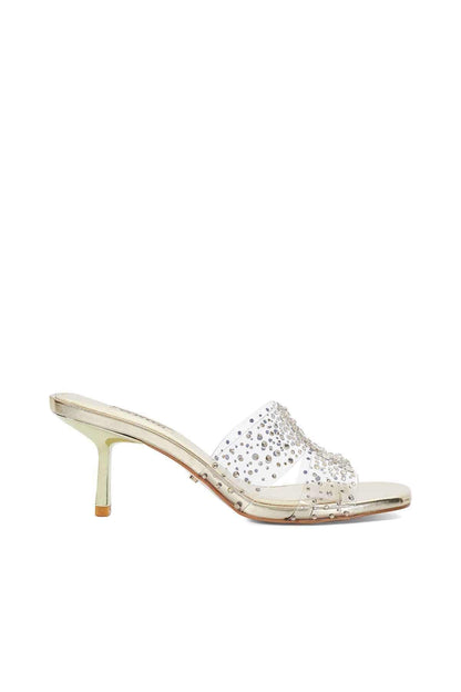 Gold embellished heeled mule with open toe and slip-on strap