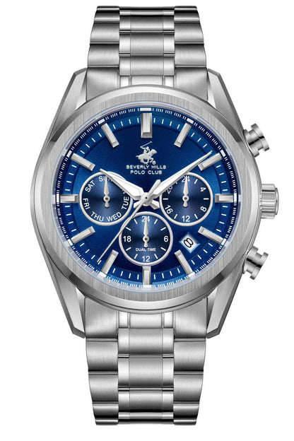 BHPC silver-tone wristwatch with bright blue face and chronograph-style subdials